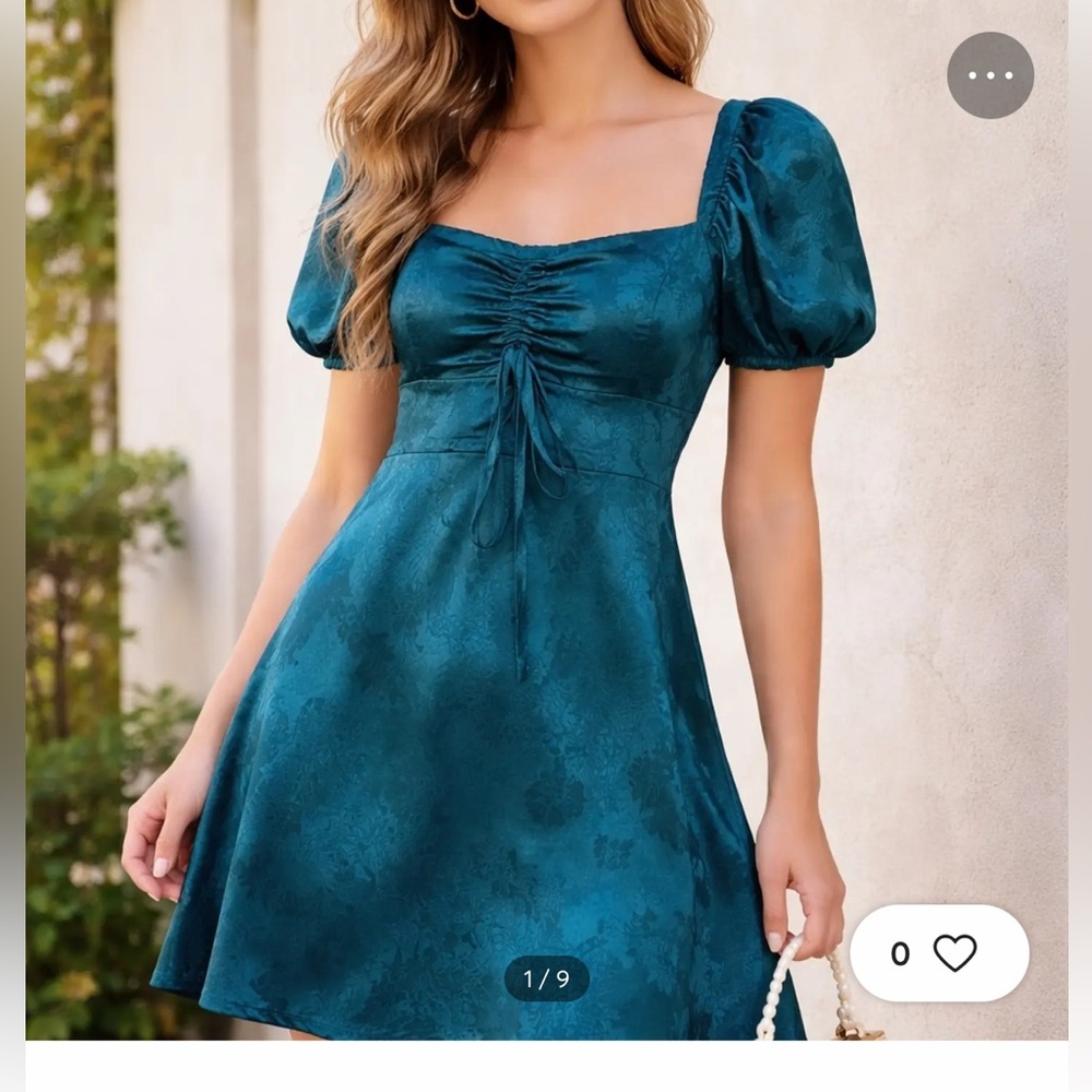 Altar'd State Blue mini puff sleeve jacquard floral dress size m feminine dainty